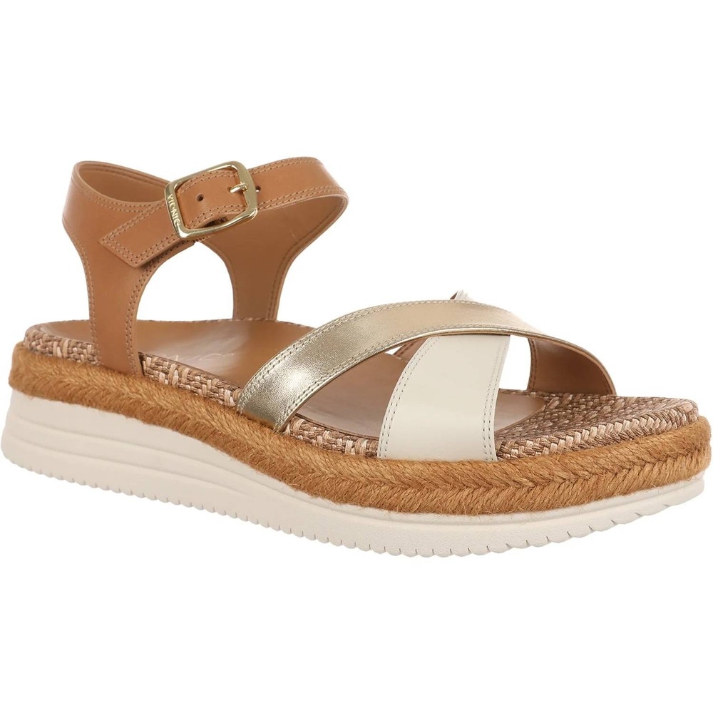 Vionic Platform Espadrille Wedge Sandals Gold Tan Buckle Ankle Strap Beach 9W